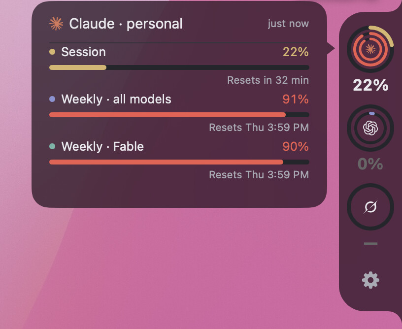 The Geiger pill on the right screen edge showing three providers, and the Claude detail card open beside it with 22 percent of the session window used